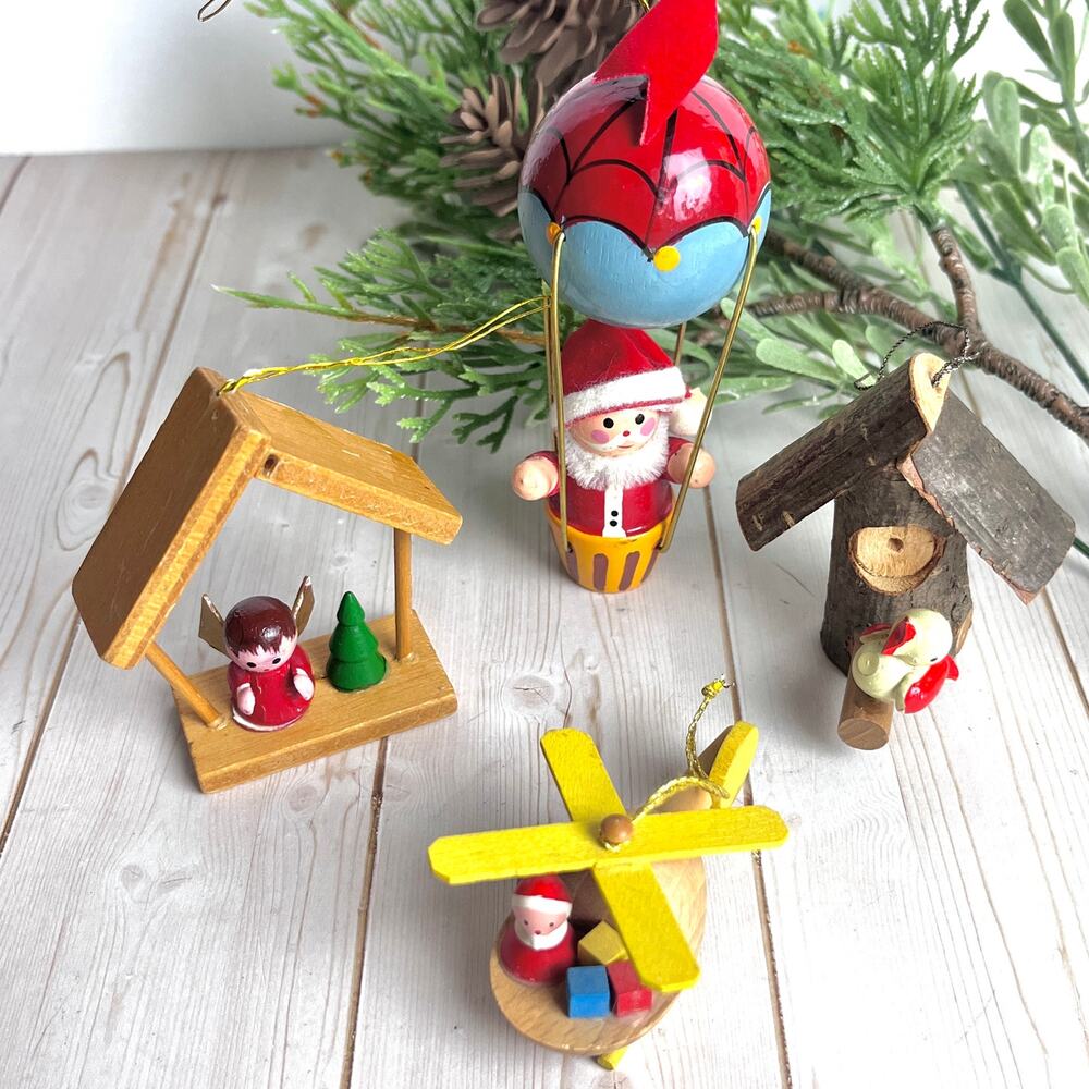 Vintage Lot of 4 Hand Painted Wood Christmas Ornaments Santa Balloon Helicopter